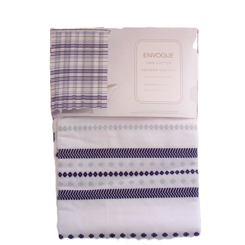 ENVOGUE Fabric Shower Curtain Blue Stripes Dots on White Background NWT Cotton